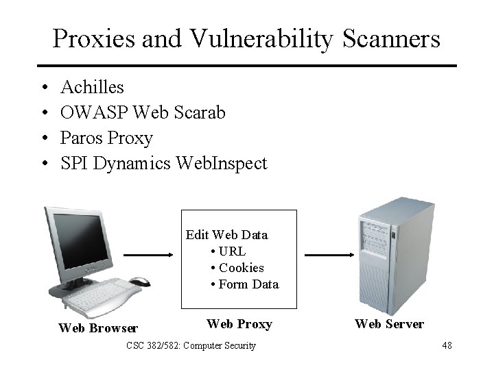 Proxies and Vulnerability Scanners • • Achilles OWASP Web Scarab Paros Proxy SPI Dynamics