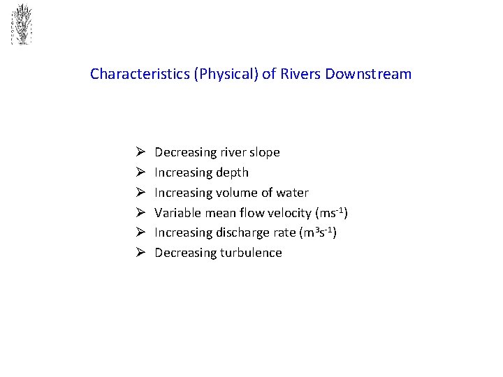 Characteristics (Physical) of Rivers Downstream Ø Ø Ø Decreasing river slope Increasing depth Increasing