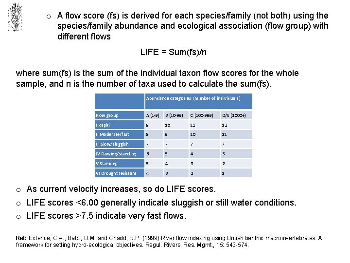 o A flow score (fs) is derived for each species/family (not both) using the