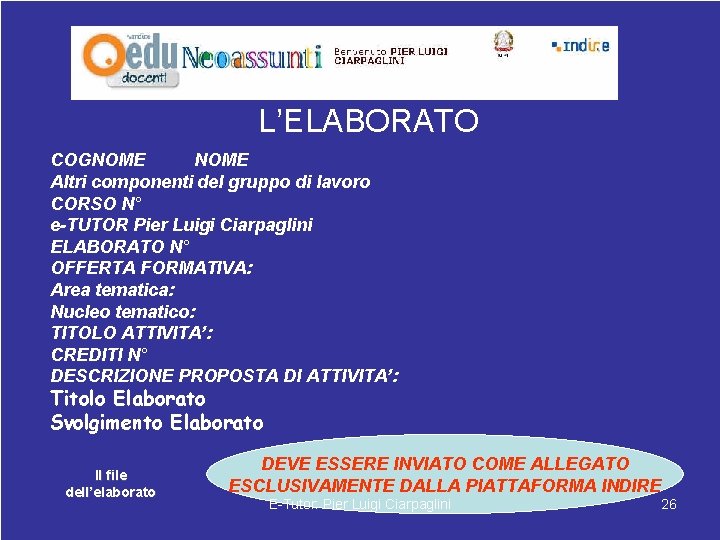 L’ELABORATO COGNOME Altri componenti del gruppo di lavoro CORSO N° e-TUTOR Pier Luigi Ciarpaglini