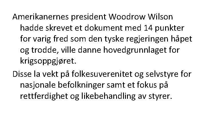 Amerikanernes president Woodrow Wilson hadde skrevet et dokument med 14 punkter for varig fred