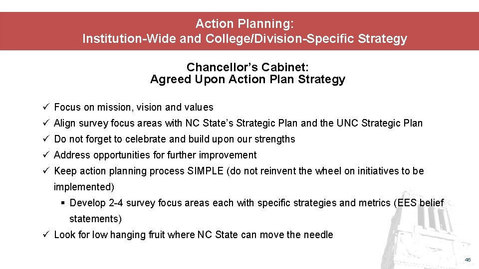 Action Planning: Institution-Wide and College/Division-Specific Strategy Chancellor’s Cabinet: Agreed Upon Action Plan Strategy ü