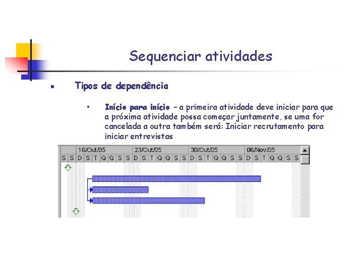 Sequenciar atividades n Tipos de dependência • Início para início – a primeira atividade