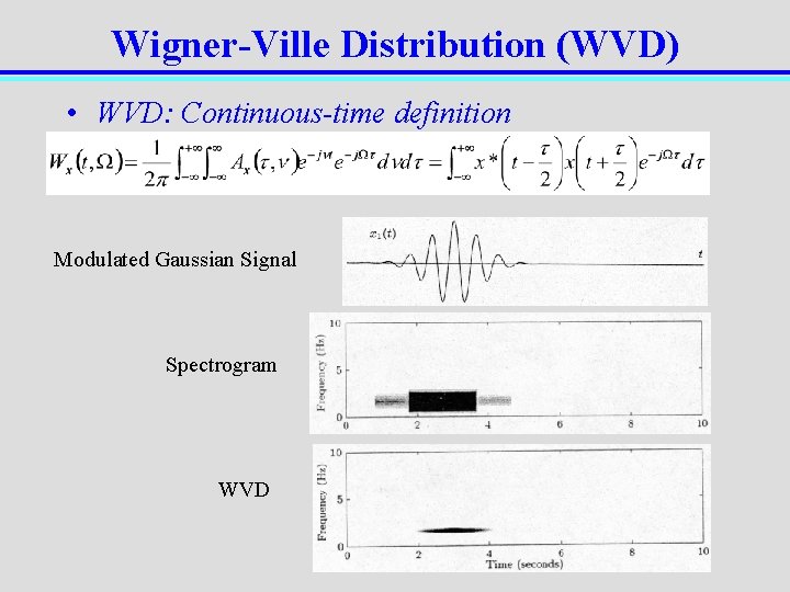 Wigner-Ville Distribution (WVD) • WVD: Continuous-time definition Modulated Gaussian Signal Spectrogram WVD 