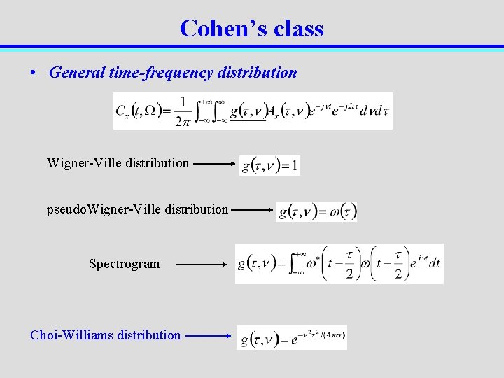 Cohen’s class • General time-frequency distribution Wigner-Ville distribution pseudo. Wigner-Ville distribution Spectrogram Choi-Williams distribution