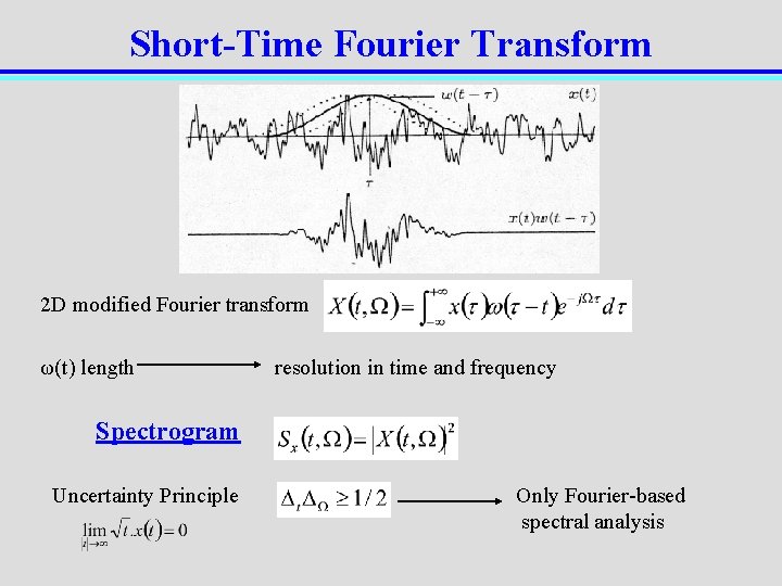 Short-Time Fourier Transform 2 D modified Fourier transform ω(t) length resolution in time and