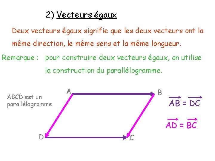 2) Vecteurs égaux Deux vecteurs égaux signifie que les deux vecteurs ont la même