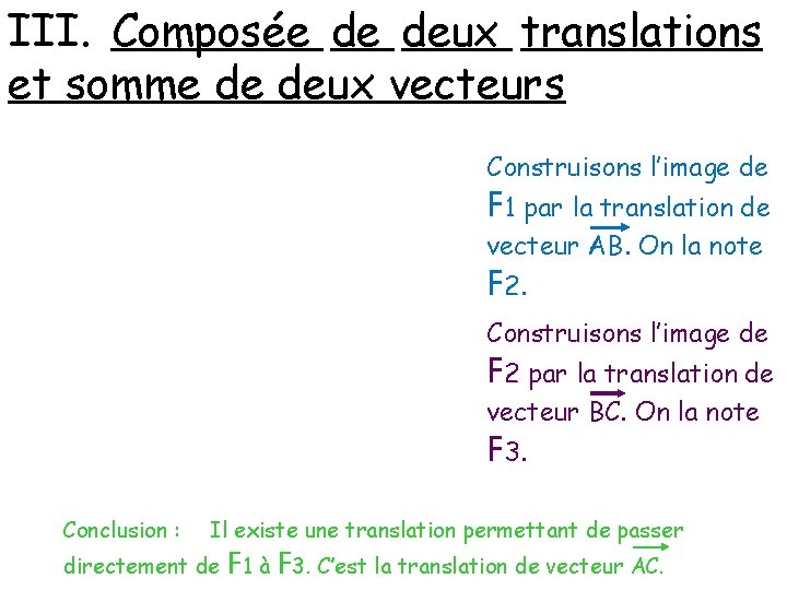 III. Composée de deux translations et somme de deux vecteurs Construisons l’image de F