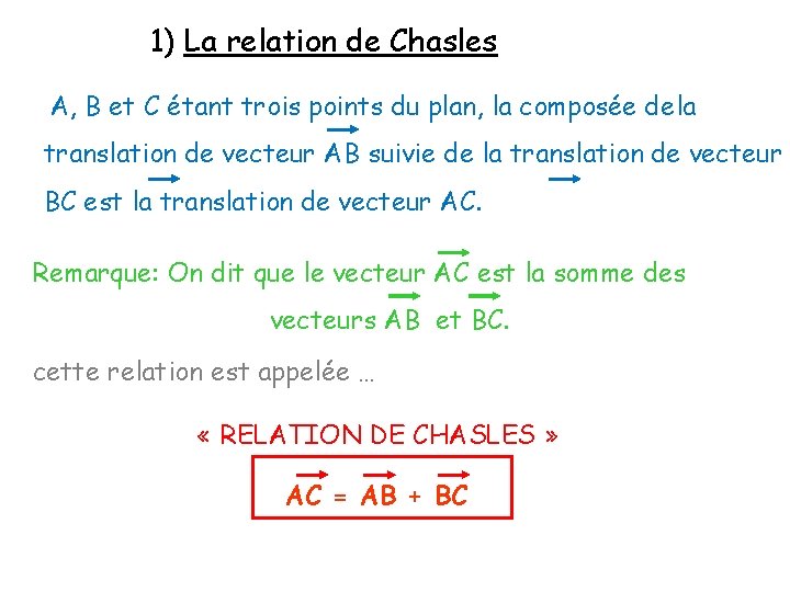 1) La relation de Chasles A, B et C étant trois points du plan,