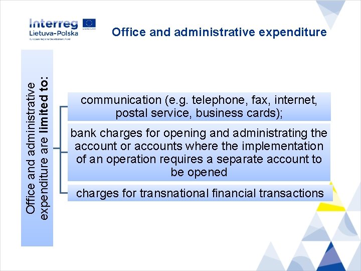 Office and administrative expenditure are limited to: Office and administrative expenditure communication (e. g.
