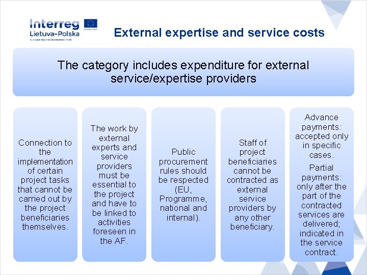 External expertise and service costs The category includes expenditure for external service/expertise providers Connection