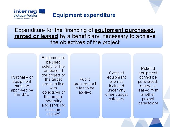 Equipment expenditure Expenditure for the financing of equipment purchased, rented or leased by a