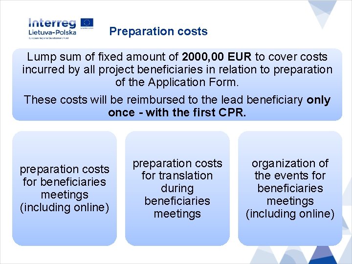 Preparation costs Lump sum of fixed amount of 2000, 00 EUR to cover costs