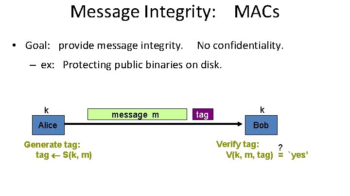 Message Integrity: MACs • Goal: provide message integrity. No confidentiality. – ex: Protecting public