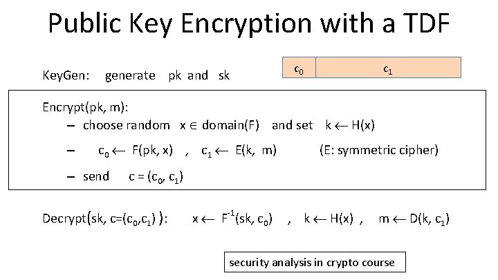 Public Key Encryption with a TDF Key. Gen: generate pk and sk c 0