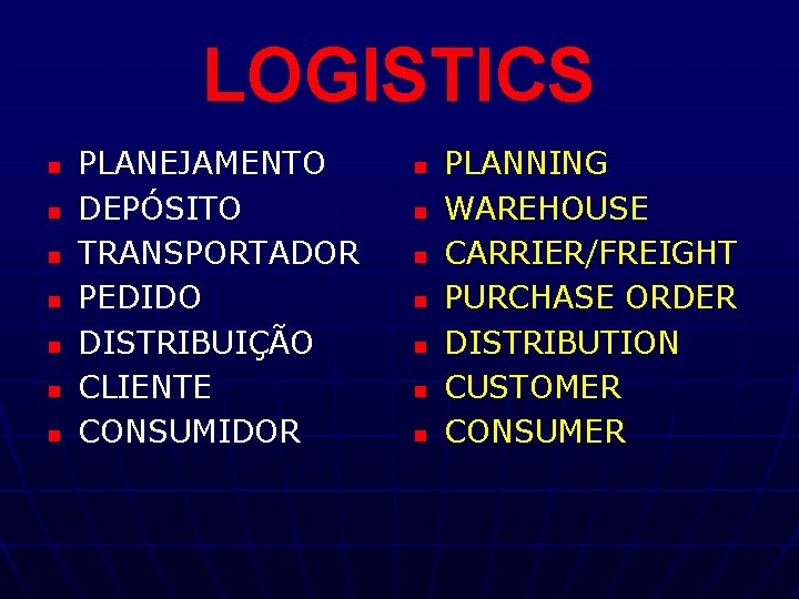 LOGISTICS n n n n PLANEJAMENTO DEPÓSITO TRANSPORTADOR PEDIDO DISTRIBUIÇÃO CLIENTE CONSUMIDOR n n