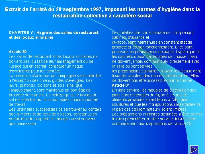 Extrait de l’arrêté du 29 septembre 1997, imposant les normes d’hygiène dans la restauration