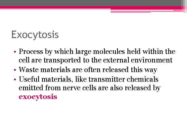 Exocytosis • Process by which large molecules held within the cell are transported to