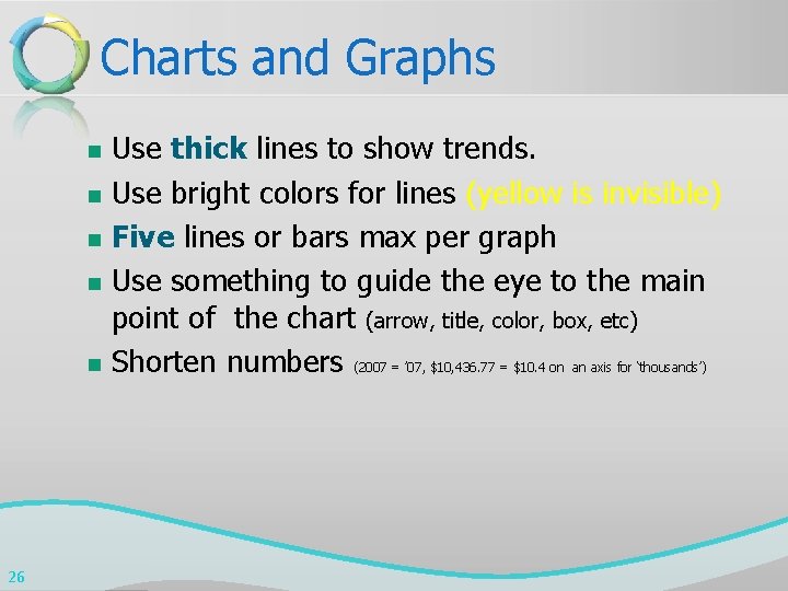 Charts and Graphs n n n 26 Use thick lines to show trends. Use