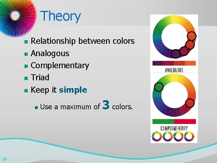 Theory n n n Relationship between colors Analogous Complementary Triad Keep it simple n