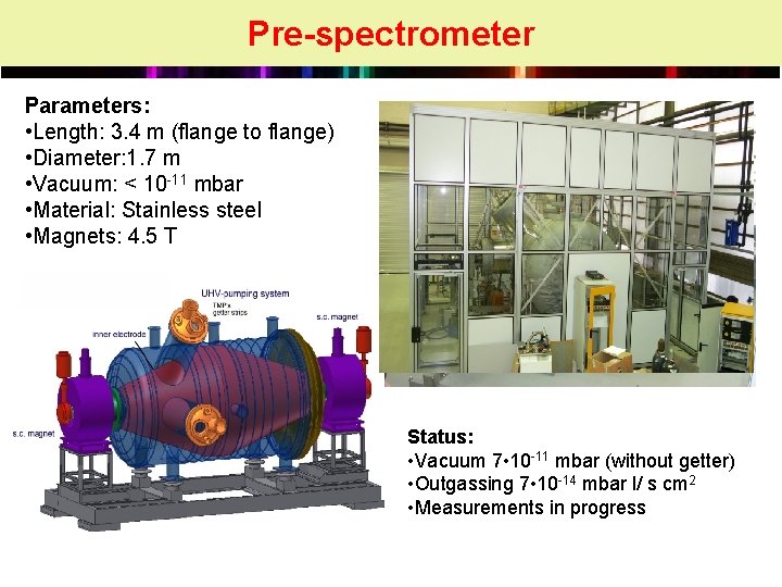Pre-spectrometer Parameters: • Length: 3. 4 m (flange to flange) • Diameter: 1. 7