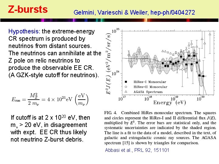 Z-bursts Gelmini, Varieschi & Weiler, hep-ph/0404272 Hypothesis: the extreme-energy CR spectrum is produced by