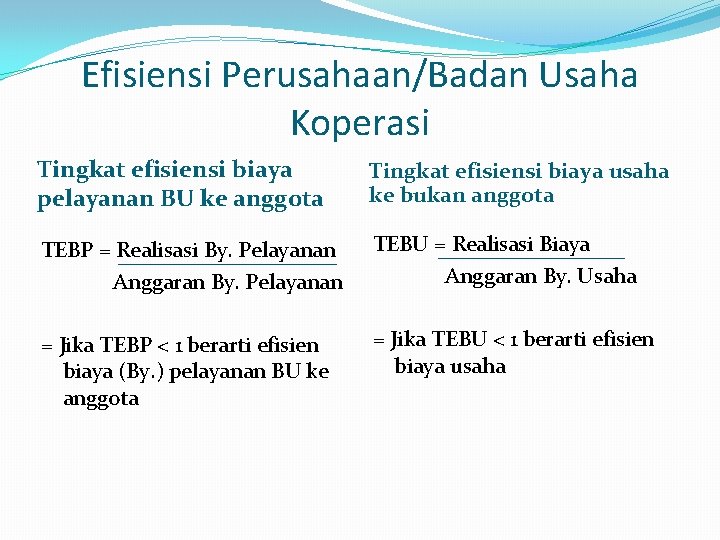 Efisiensi Perusahaan/Badan Usaha Koperasi Tingkat efisiensi biaya pelayanan BU ke anggota Tingkat efisiensi biaya