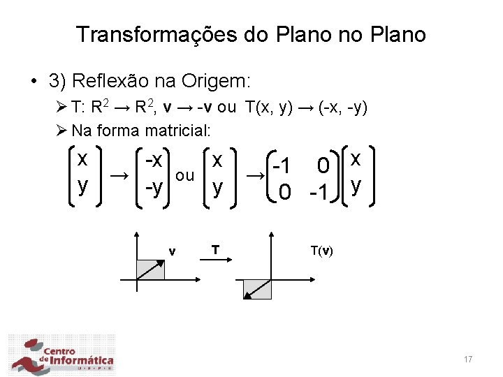 Transformações do Plano no Plano • 3) Reflexão na Origem: Ø T: R 2