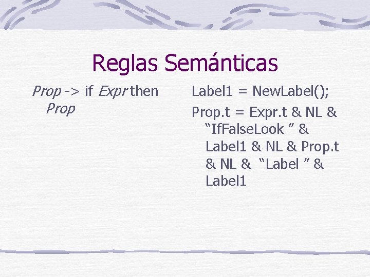 Reglas Semánticas Prop -> if Expr then Prop Label 1 = New. Label(); Prop.