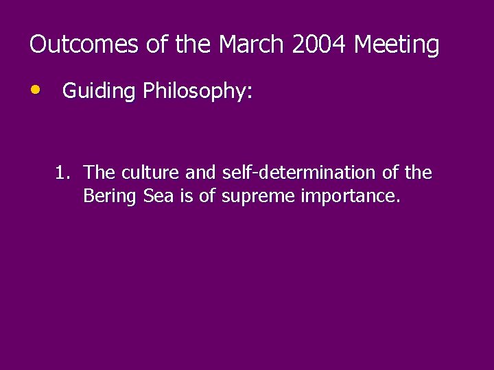 Outcomes of the March 2004 Meeting • Guiding Philosophy: 1. The culture and self-determination