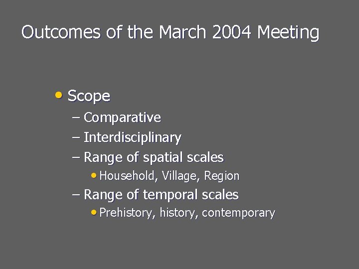 Outcomes of the March 2004 Meeting • Scope – Comparative – Interdisciplinary – Range