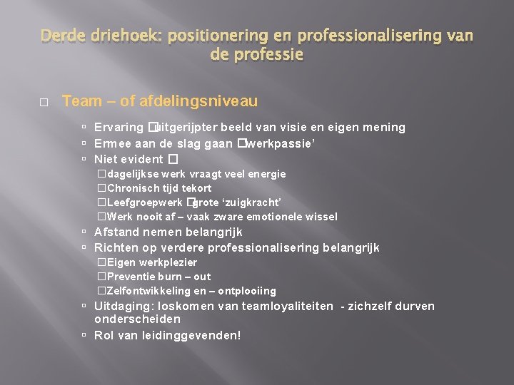 Derde driehoek: positionering en professionalisering van de professie � Team – of afdelingsniveau Ervaring