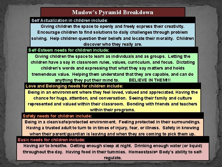  Maslow’s Pyramid Breakdown Self Actualization in children include: Giving children the space to