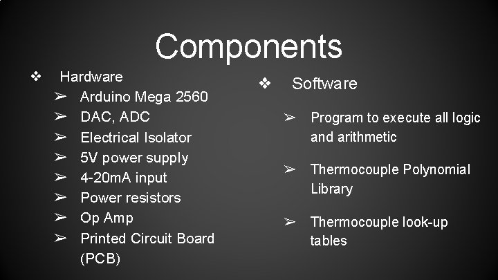 Components ❖ Hardware ➢ Arduino Mega 2560 ➢ DAC, ADC ➢ Electrical Isolator ➢