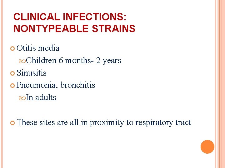 CLINICAL INFECTIONS: NONTYPEABLE STRAINS Otitis media Children 6 months- 2 years Sinusitis Pneumonia, bronchitis