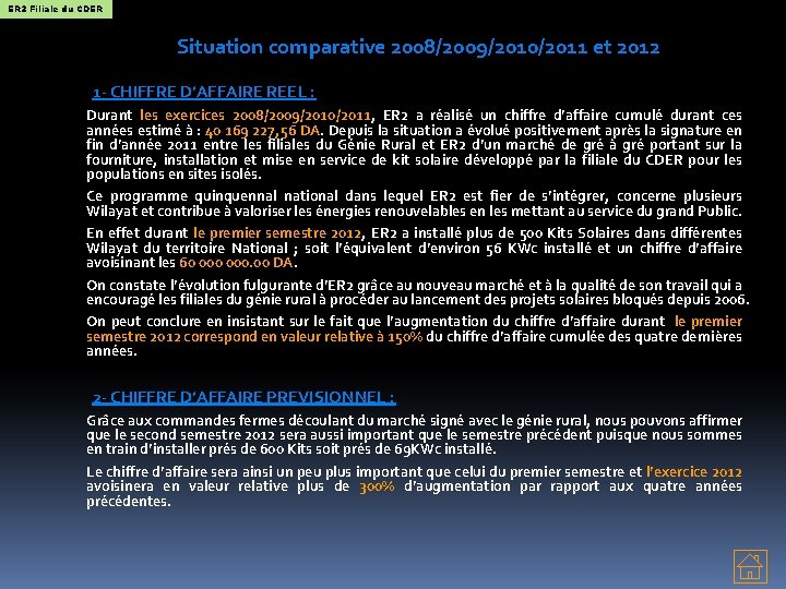 ER 2 Filiale du CDER Situation comparative 2008/2009/2010/2011 et 2012 1 - CHIFFRE D’AFFAIRE