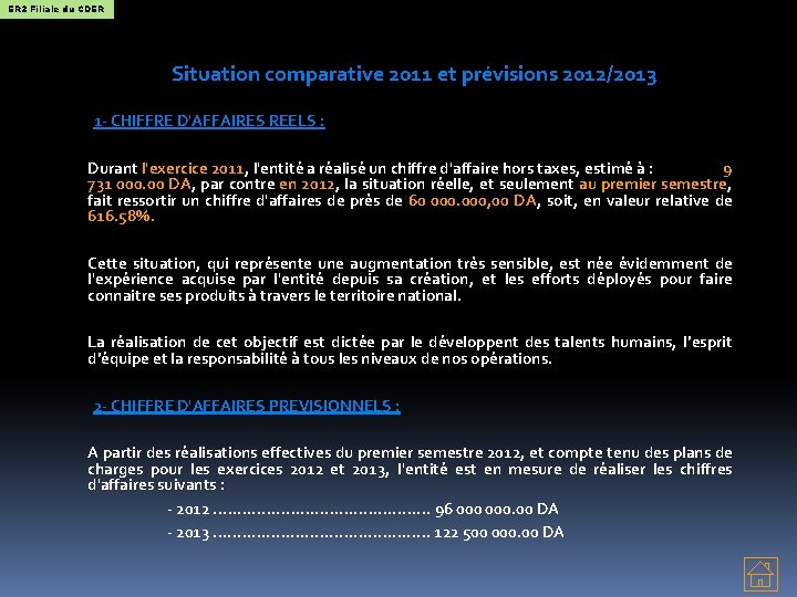 ER 2 Filiale du CDER Situation comparative 2011 et prévisions 2012/2013 1 - CHIFFRE