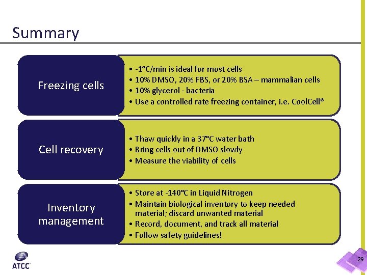 Summary Freezing cells • -1°C/min is ideal for most cells • 10% DMSO, 20%