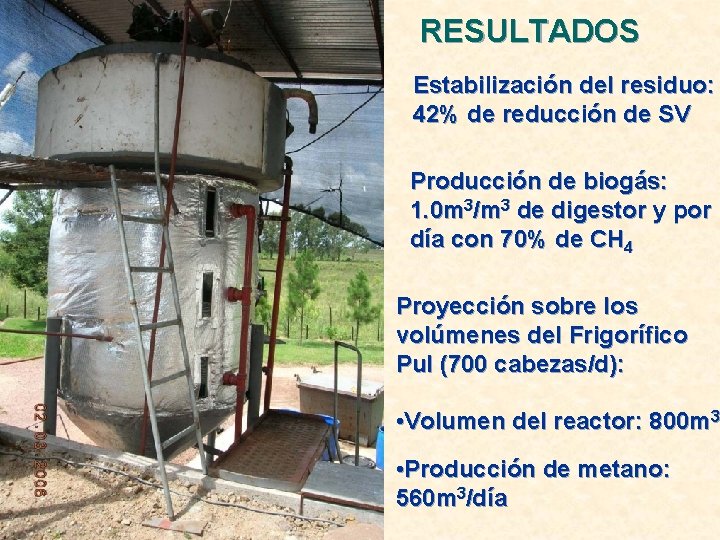 RESULTADOS Estabilización del residuo: 42% de reducción de SV Producción de biogás: 1. 0