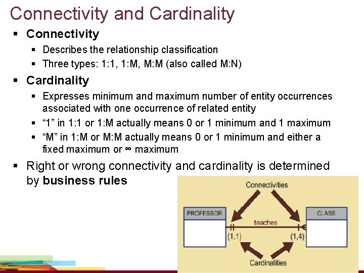 Connectivity and Cardinality § Connectivity § Describes the relationship classification § Three types: 1: