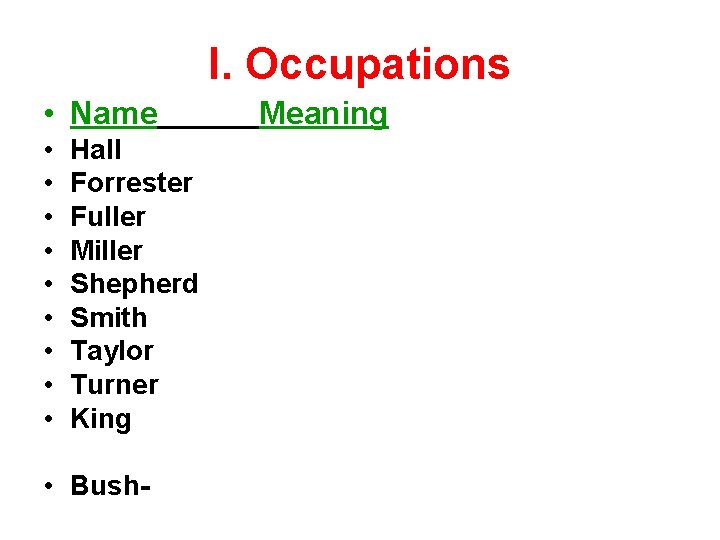 I. Occupations • Name • • • Hall Forrester Fuller Miller Shepherd Smith Taylor