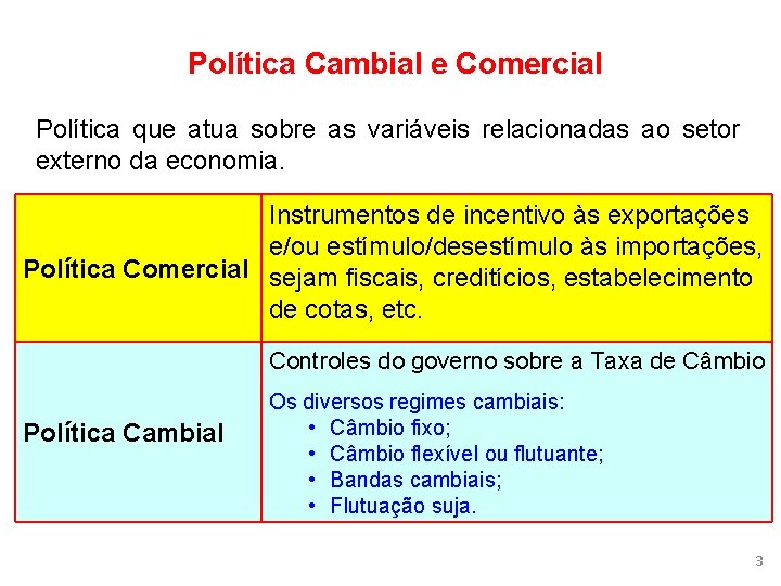 Política Cambial e Comercial Política que atua sobre as variáveis relacionadas ao setor externo