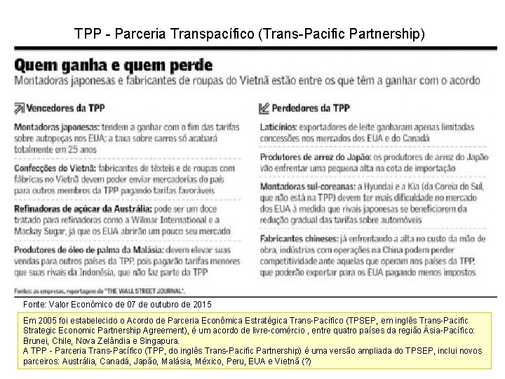 TPP - Parceria Transpacífico (Trans-Pacific Partnership) Fonte: Valor Econômico de 07 de outubro de