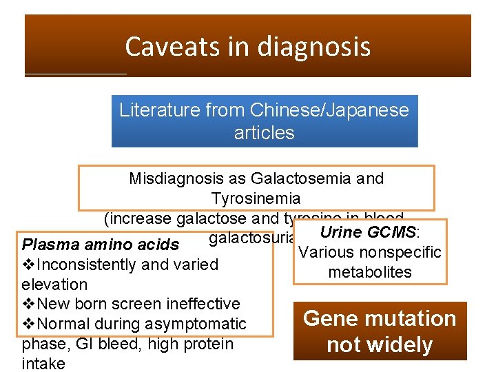 Caveats in diagnosis Literature from Chinese/Japanese articles Natural History is unclear Misdiagnosis as Galactosemia