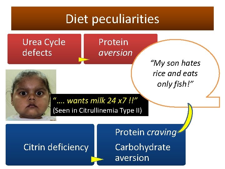 Diet peculiarities Urea Cycle defects Protein aversion “My son hates rice and eats only