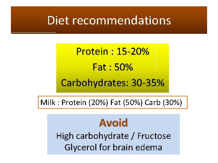 Diet recommendations Protein : 15 -20% Fat : 50% Carbohydrates: 30 -35% Milk :