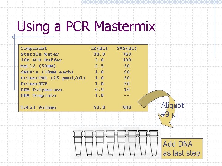 Using a PCR Mastermix Component 1 X(ml) Sterile Water 38. 0 10 X PCR
