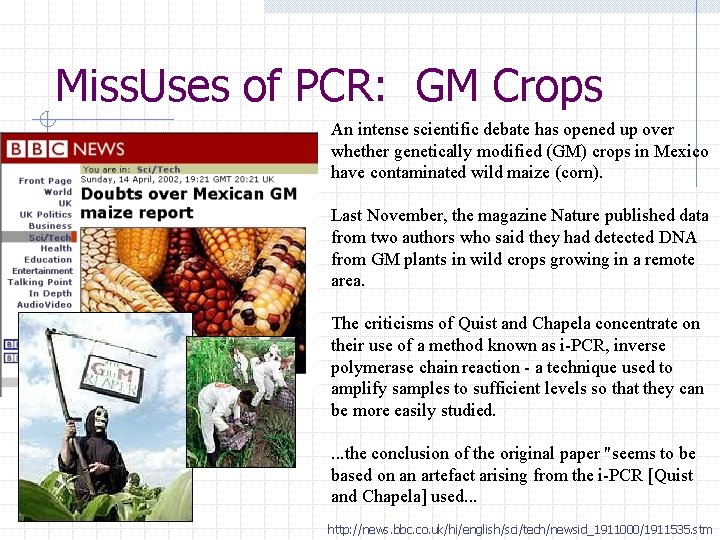 Miss. Uses of PCR: GM Crops An intense scientific debate has opened up over