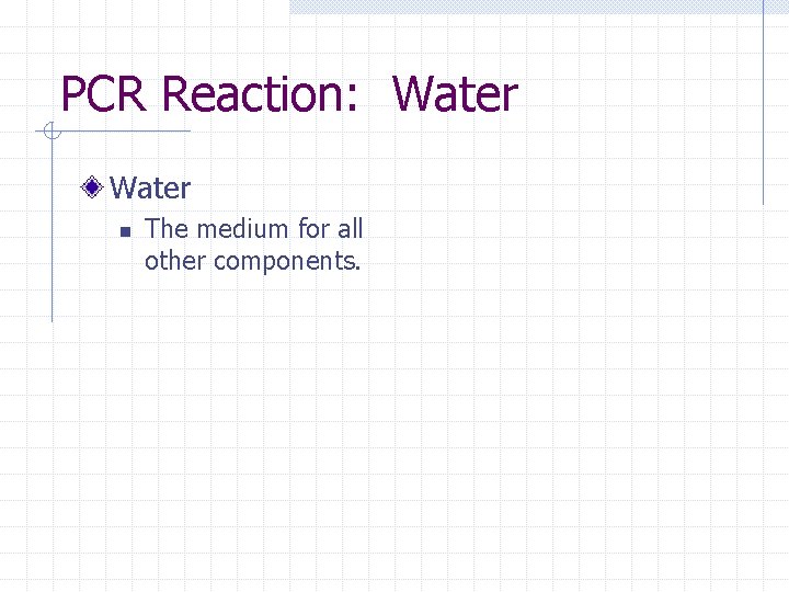 PCR Reaction: Water n The medium for all other components. 