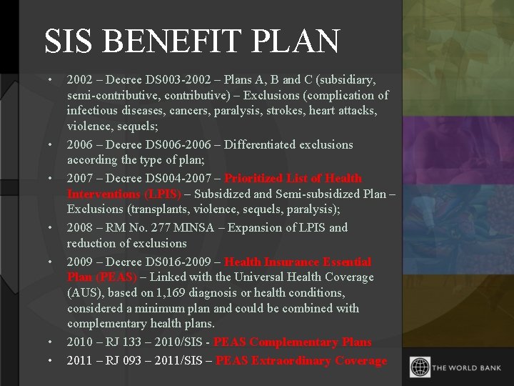 SIS BENEFIT PLAN • • 2002 – Decree DS 003 -2002 – Plans A,